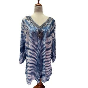 Catherines Top Plus Size 3X 26/28W Tie Dye Beaded V-Neck Long Sleeve Cotton Blue